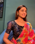 Kaanvi Navy Velvet Floral Puff Sleeve Blouse with Slip On Fit Advi