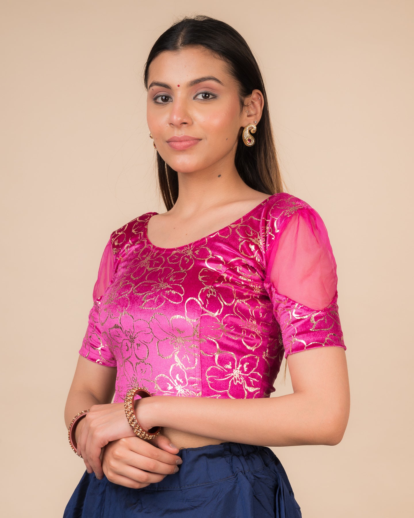 Side profile highlighting the puff sleeves and fit