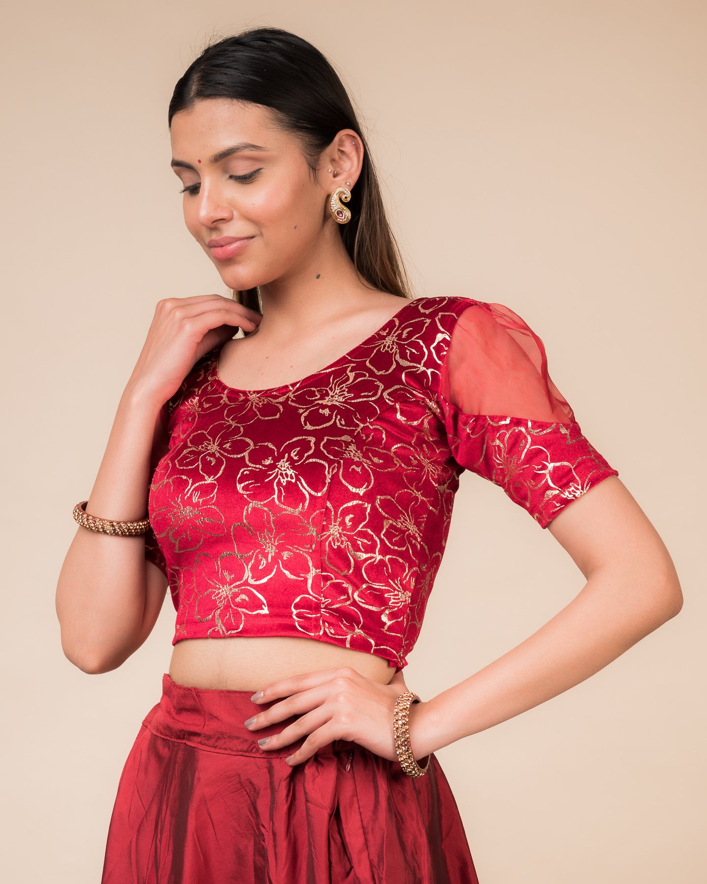 Side profile highlighting the puff sleeves and fit
