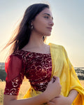 Kaanvi Red Velvet Blouse with Floral Foil Puff Sleeve Slip On by Advi