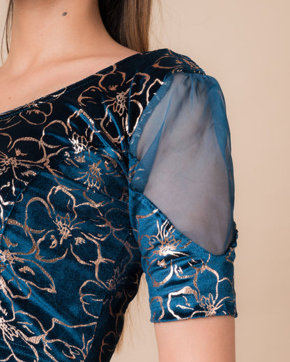 Close-up of velvet texture with floral embroidery and sequin detailing