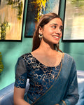 Kaanvi Teal Blue Velvet Rose Gold Floral Puff Sleeve Stretchable Slip On Blouse