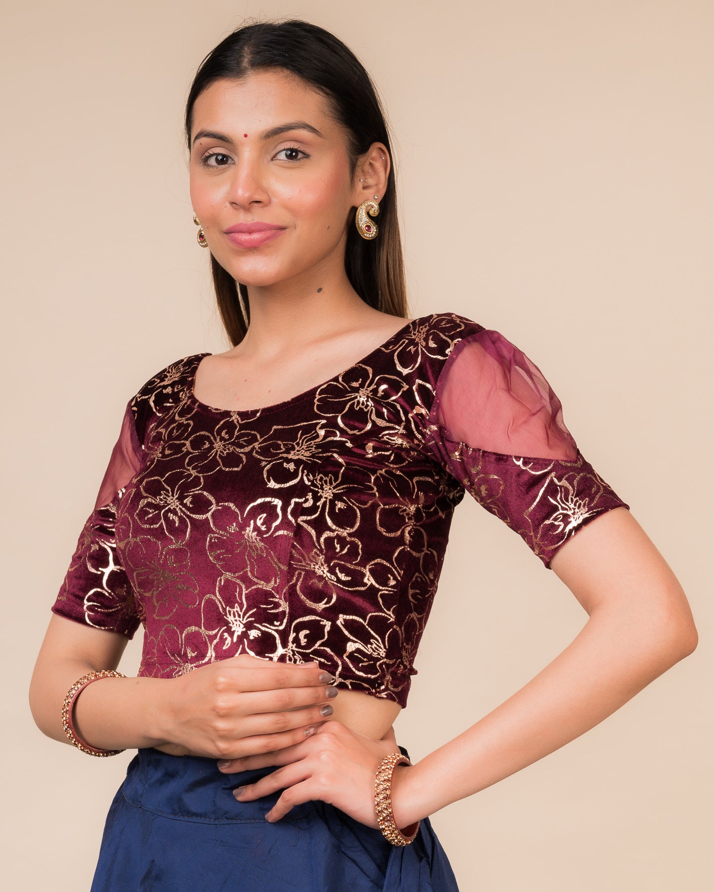 Side profile highlighting the puff sleeves and fit