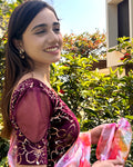 Kaanvi Wine Velvet Puff Sleeve Blouse with Gold Detailing by Advi