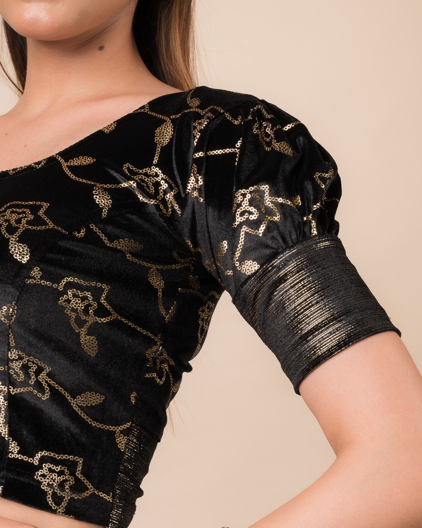 Close-up of the velvet with sequin foil detailing