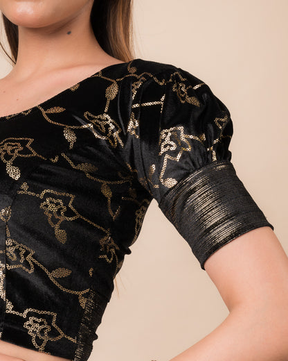 Close-up of the velvet with sequin foil detailing