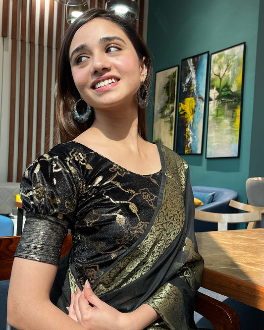 Model pairing the blouse with a festive saree for party occasions