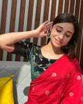 Sitara Bottle Green Puff Sleeve Blouse with Gold Foil Stretch Fit by Advi