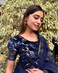 Sitara Navy Blue Puff Sleeve Blouse with Gold Foil Stretchable Fit Advi
