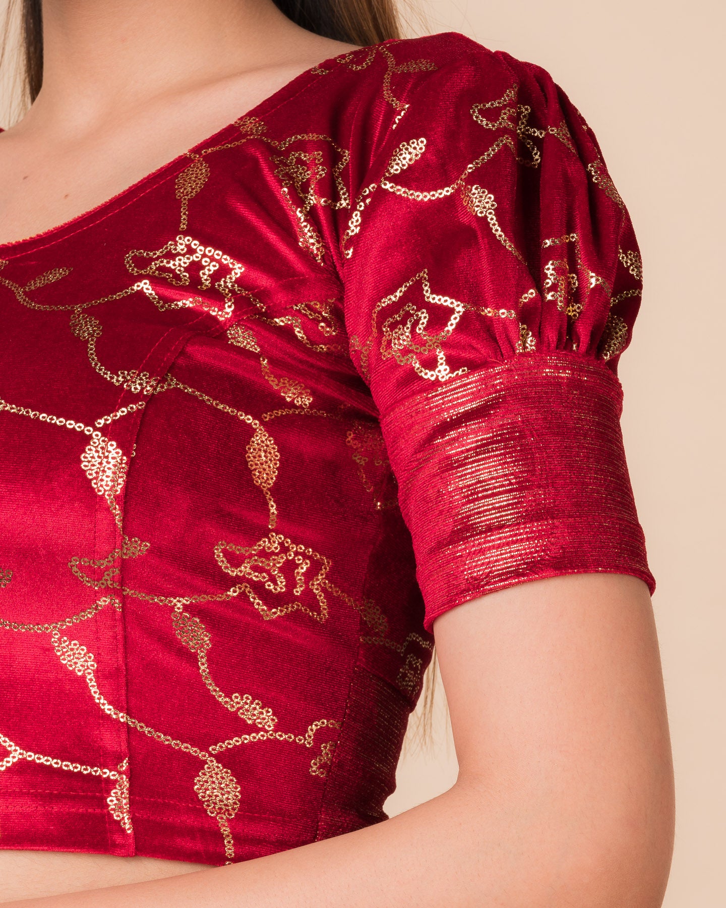 Close-up of the velvet with sequin foil detailing
