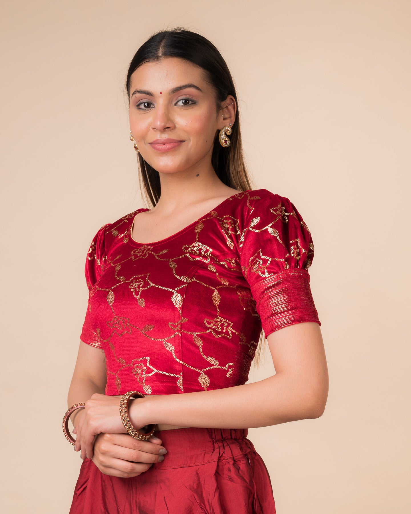 Side profile highlighting the puffed sleeves and fit