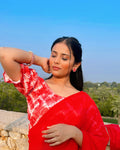 Bandhan Red Shibori Tie-Dye Blouse with Sleek Pleats and Glitter by Advi