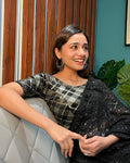 Beri Black Sequin Burberry Checked Blouse with Festive Round Neck Advi