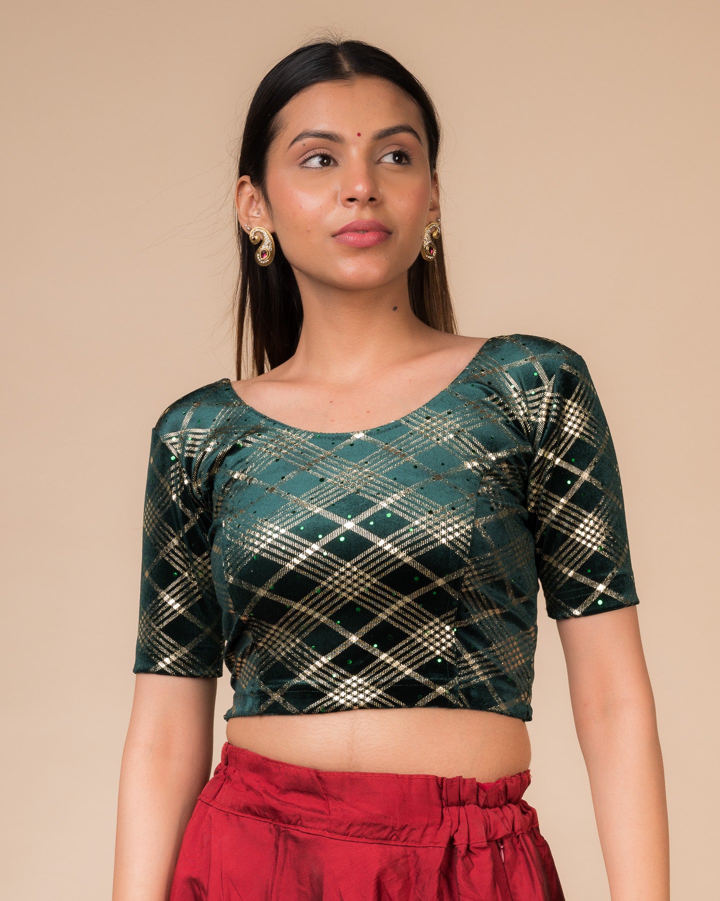 Beri Burberry Checks with Sequin Stretchable Slip on Blouse