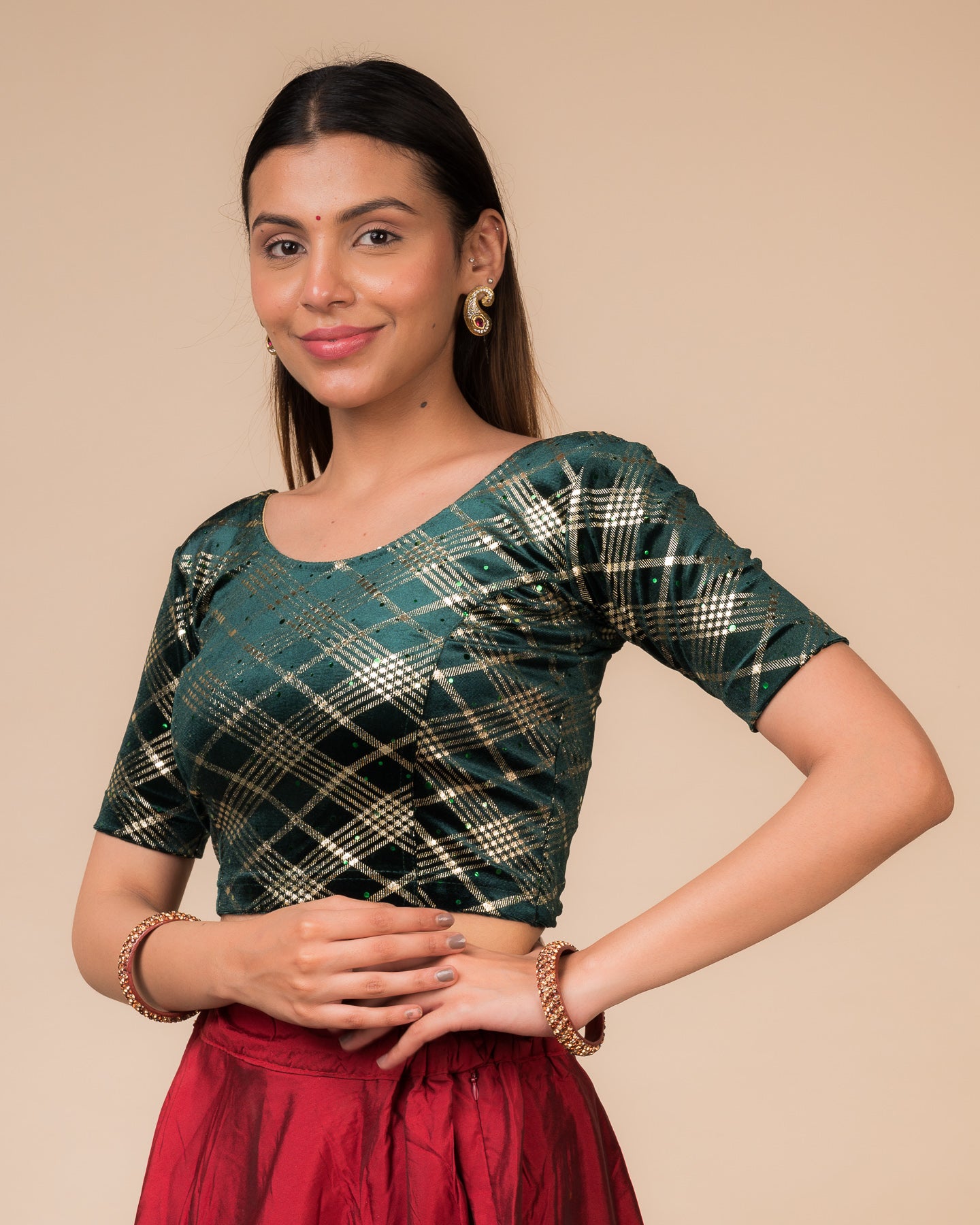 Beri Burberry Checks with Sequin Stretchable Slip on Blouse