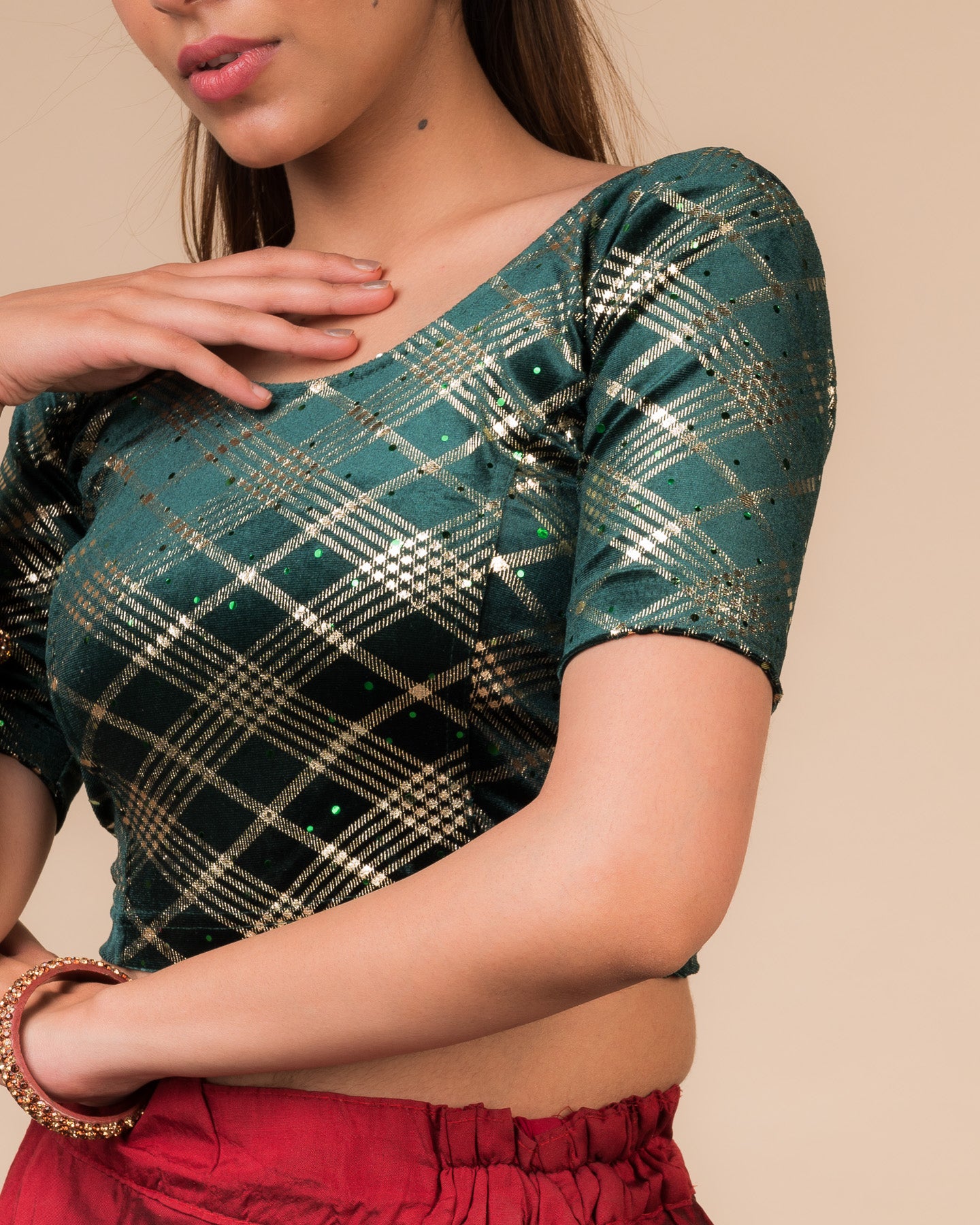Beri Burberry Checks with Sequin Stretchable Slip on Blouse