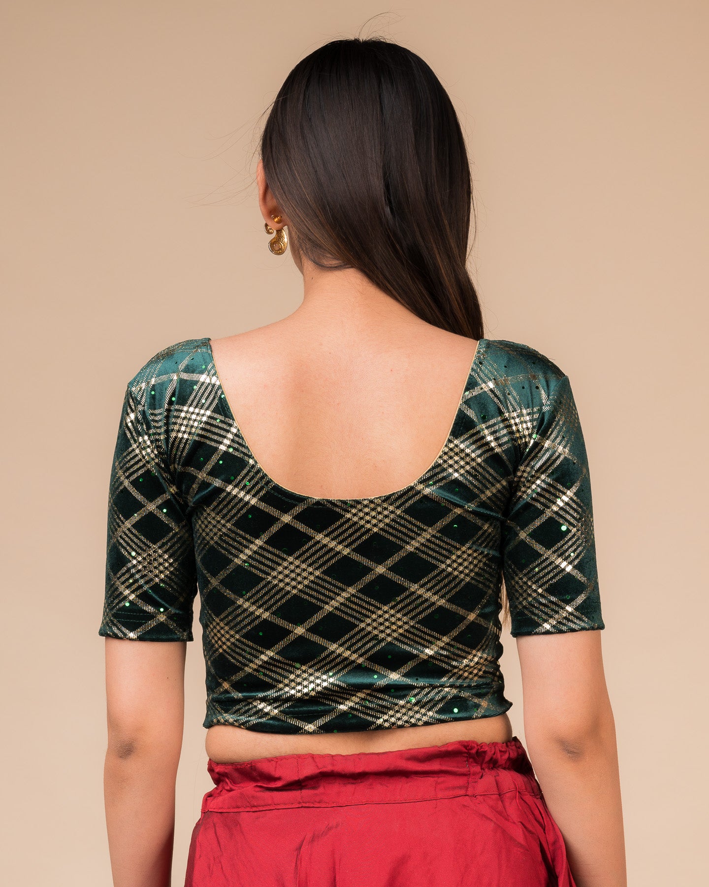 Beri Burberry Checks with Sequin Stretchable Slip on Blouse