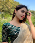 Beri Bottle Green Sequin Burberry Checks Blouse with Elbow Sleeves by Advi