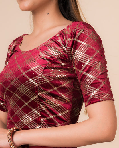Close‑up of the jacquard fabric showing check pattern and sequins