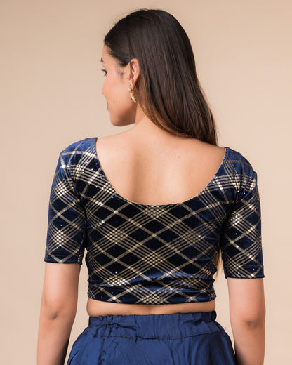 Rear view showcasing the check motif and back design