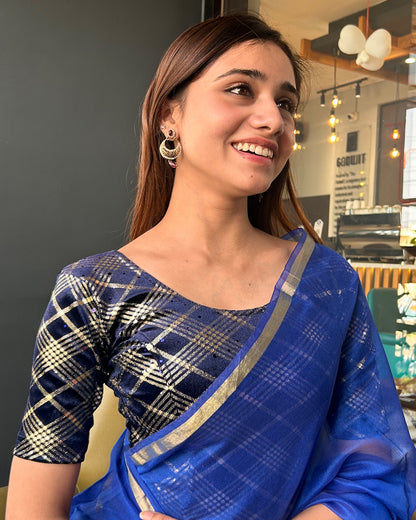 Model pairing the blouse with a festive saree for an eye-catching ethnic look