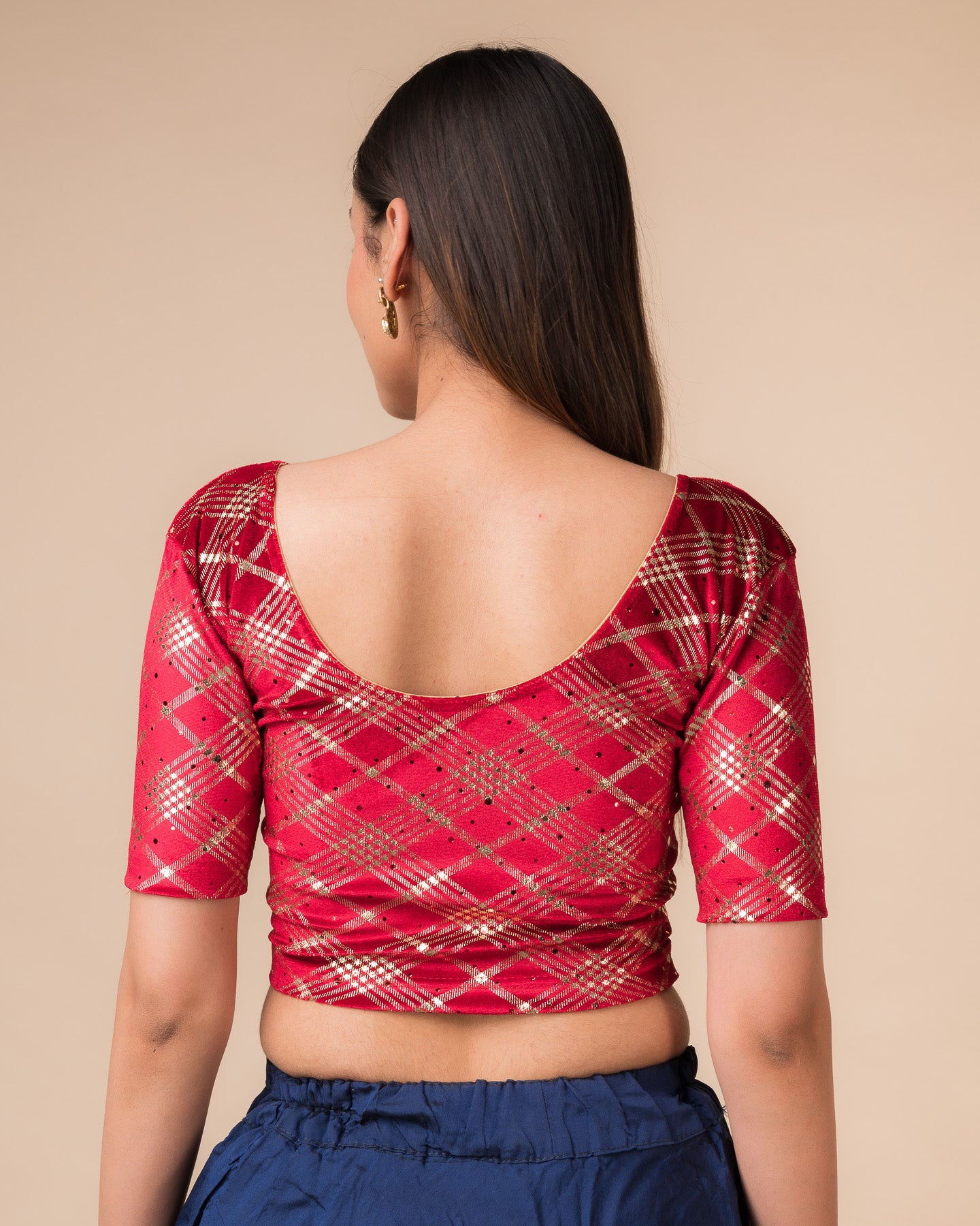 Rear view showcasing the check motif and back design
