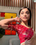 Beri Red Sequin Burberry Checked Stretchable Blouse with Elbow Sleeves Advi