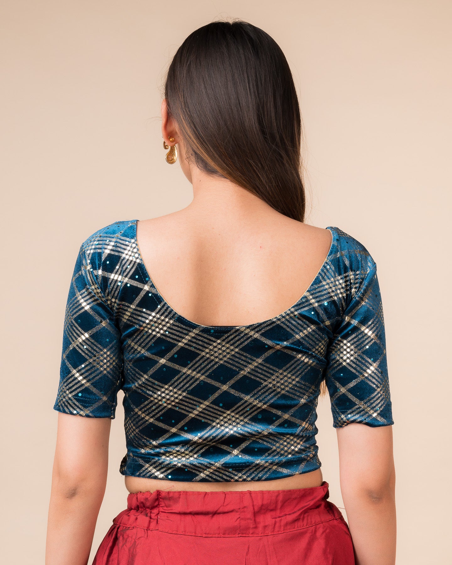 Rear view showcasing the check motif and back design