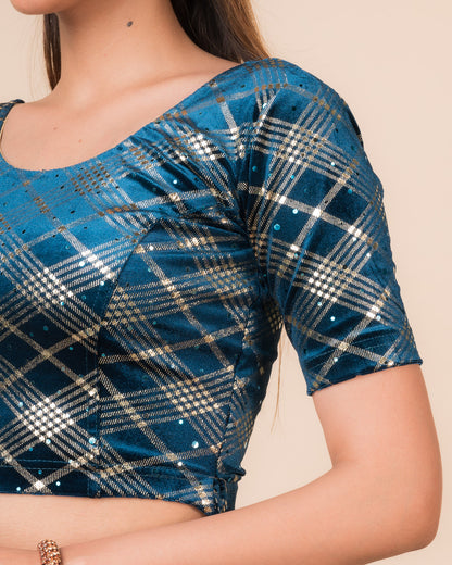 Close‑up of the jacquard fabric showing check pattern and sequins