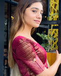 Lakeera Maroon Velvet Stretchable Blouse with Gold Stripes and Buti Advi