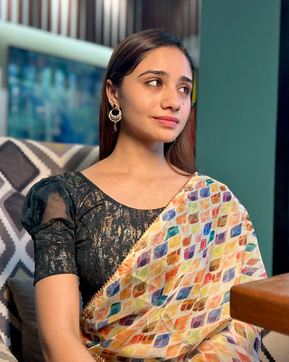 Model pairing the blouse with a saree for a stylish, festive look