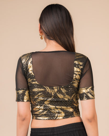 Rear view of the black metallic net stretchable blouse showcasing the deep round back design.