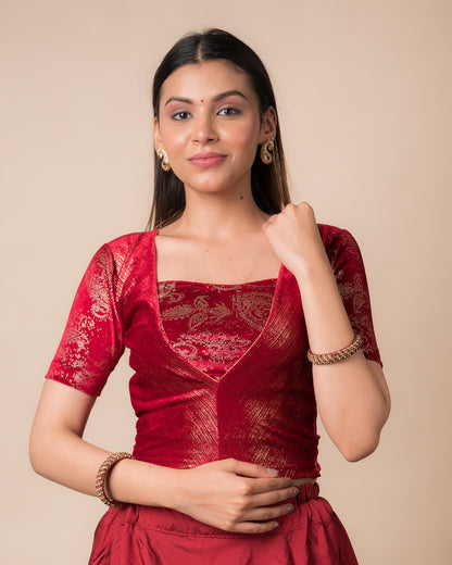 Ambar Red Gold Stripped Velvet Stretchable Blouse – Shimmer Finish Designer Blouse