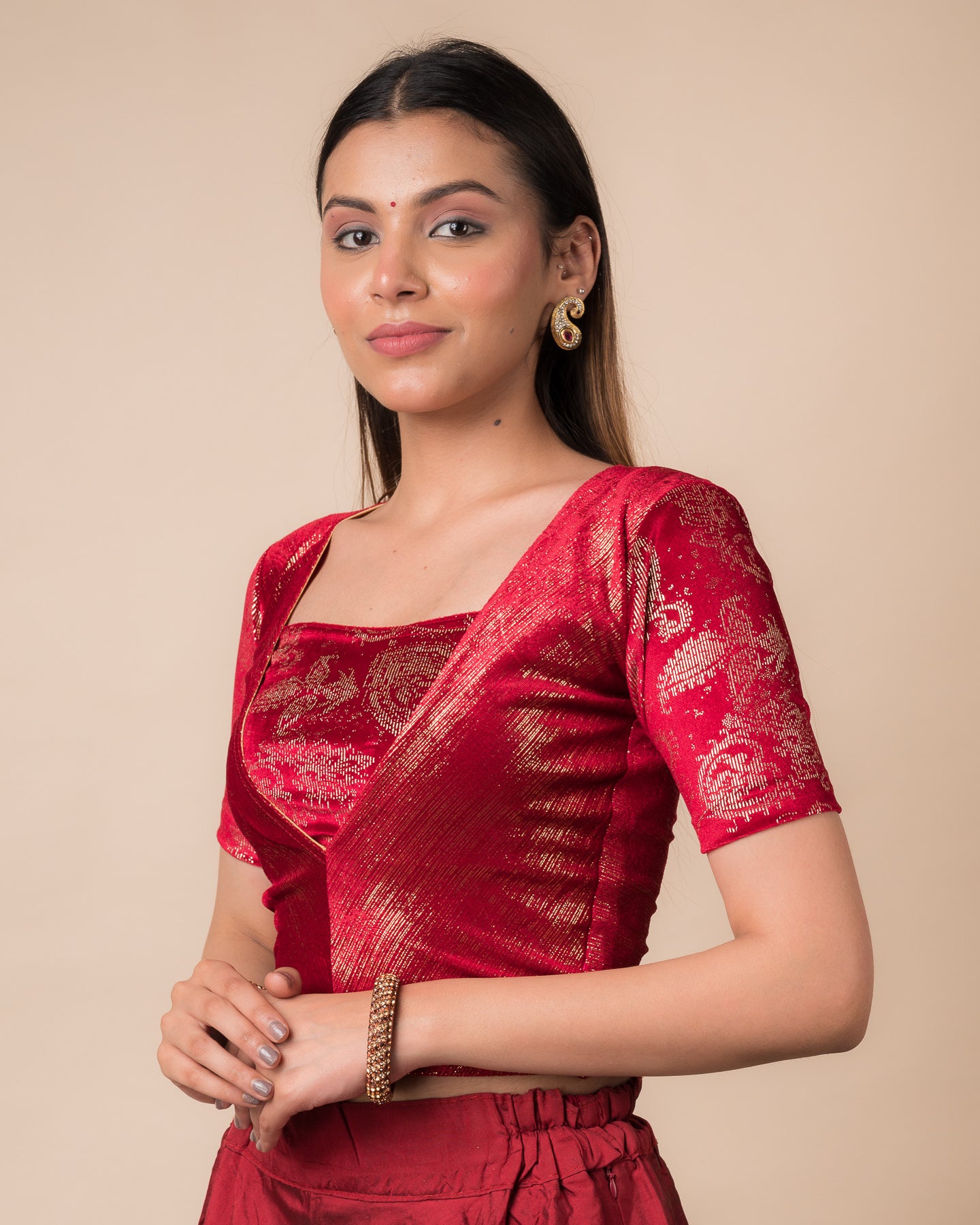 Ambar Red Gold Stripped Velvet Stretchable Blouse – Shimmer Finish Designer Blouse