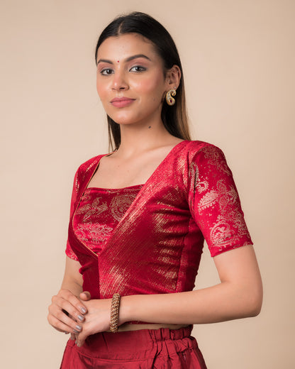 Ambar Red Gold Stripped Velvet Stretchable Blouse – Shimmer Finish Designer Blouse