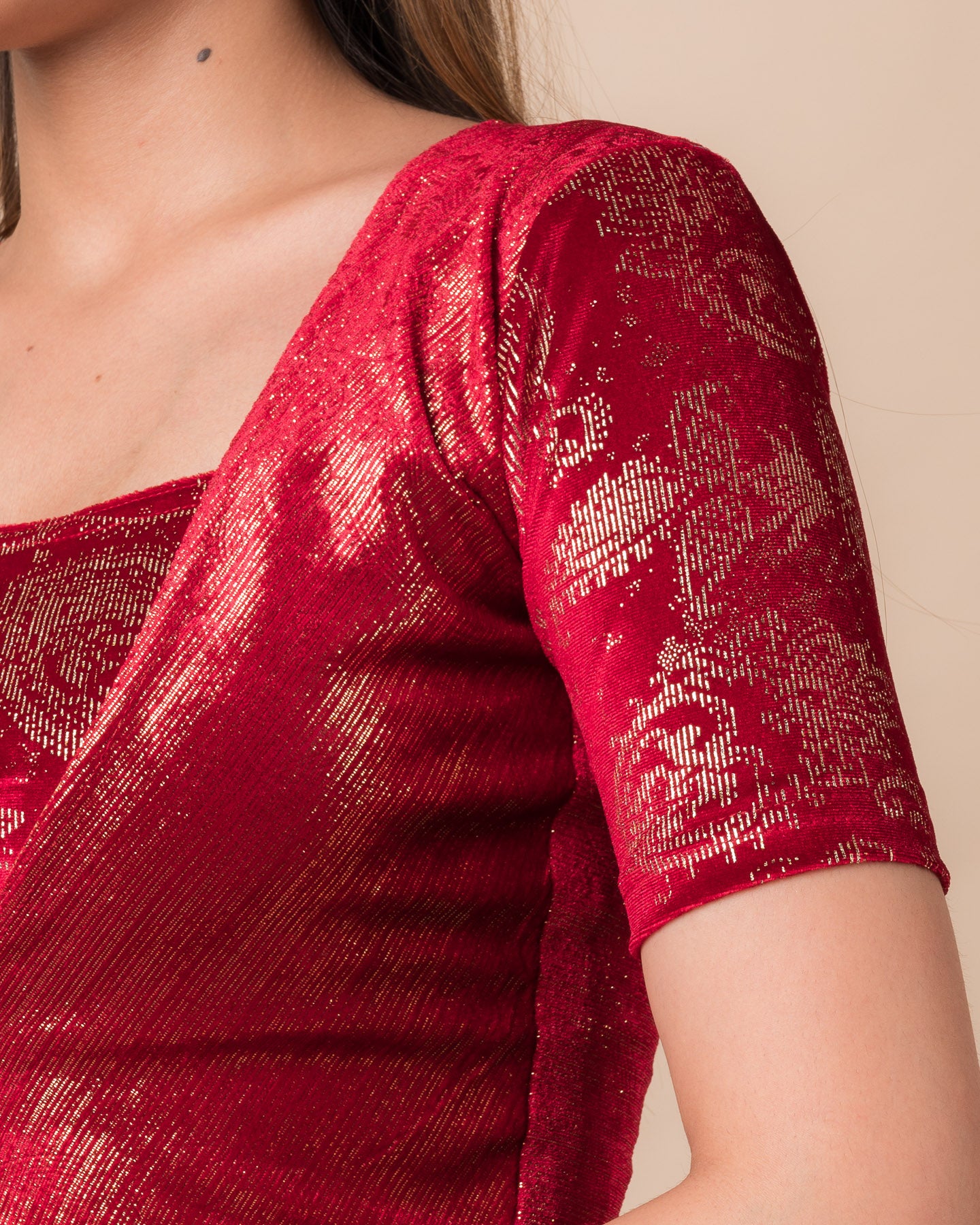 Ambar Red Gold Stripped Velvet Stretchable Blouse – Shimmer Finish Designer Blouse