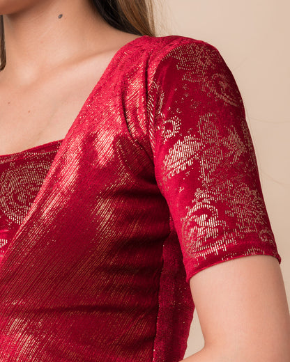 Ambar Red Gold Stripped Velvet Stretchable Blouse – Shimmer Finish Designer Blouse