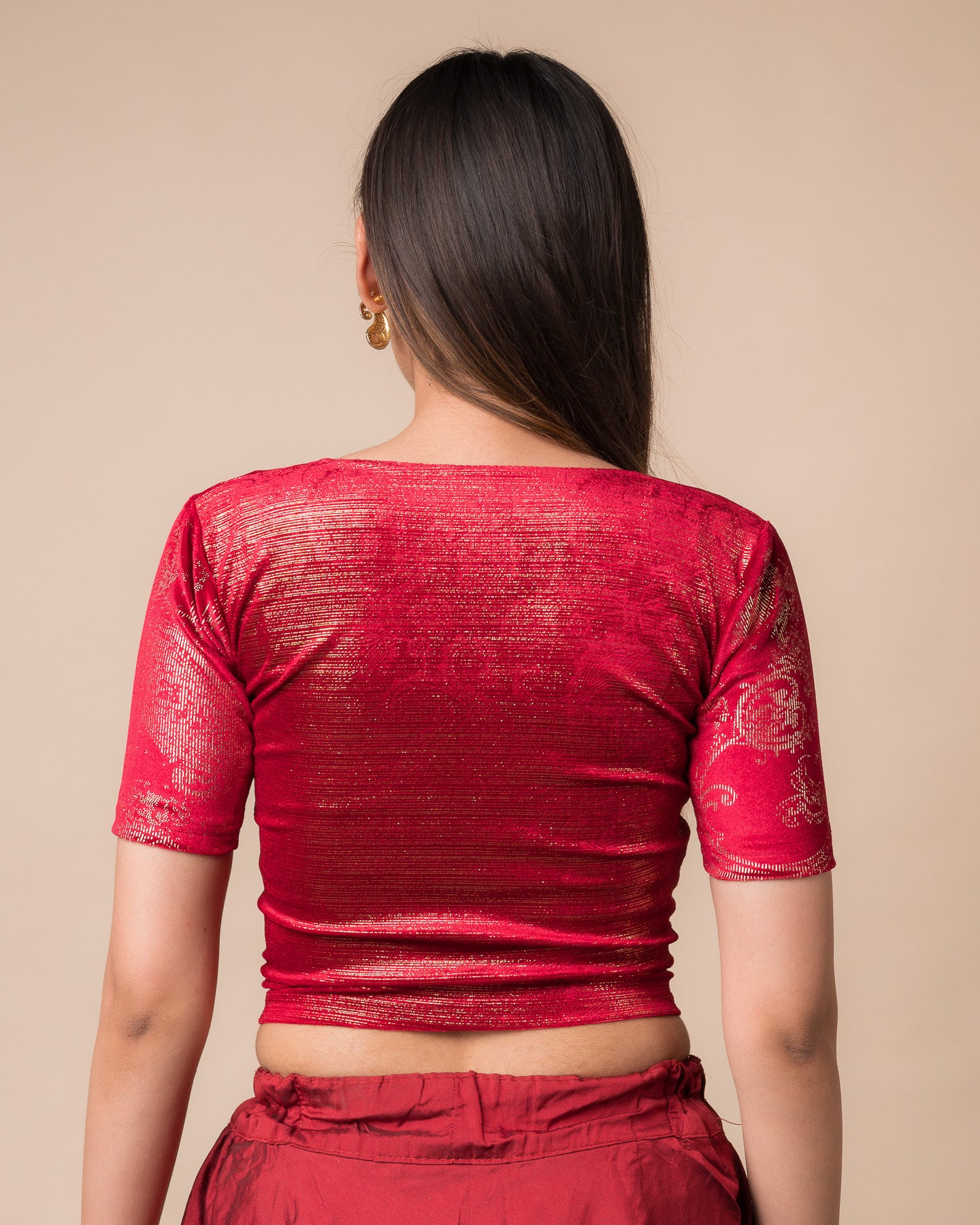 Ambar Red Gold Stripped Velvet Stretchable Blouse – Shimmer Finish Designer Blouse