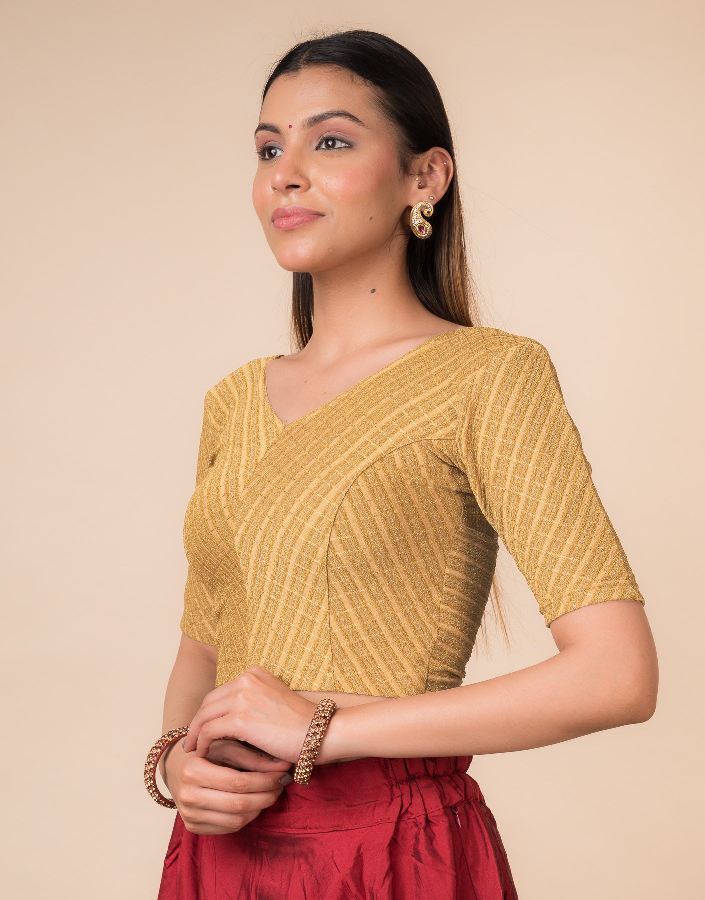Bebo Beige Gold Zari Saree Blouse – V Neck Stretchable Ready to Wear Blouse