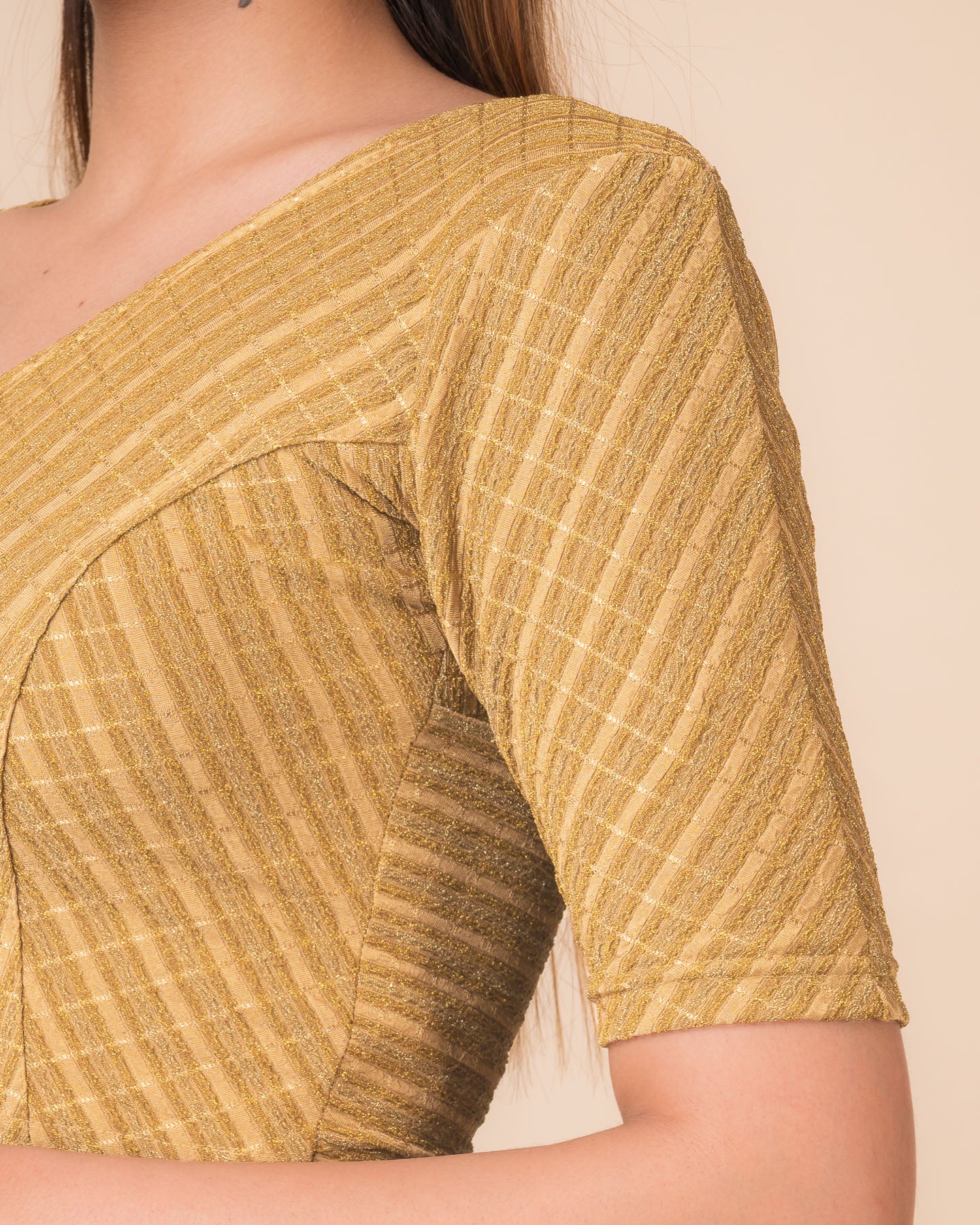 Bebo Beige Gold Zari Saree Blouse – V Neck Stretchable Ready to Wear Blouse