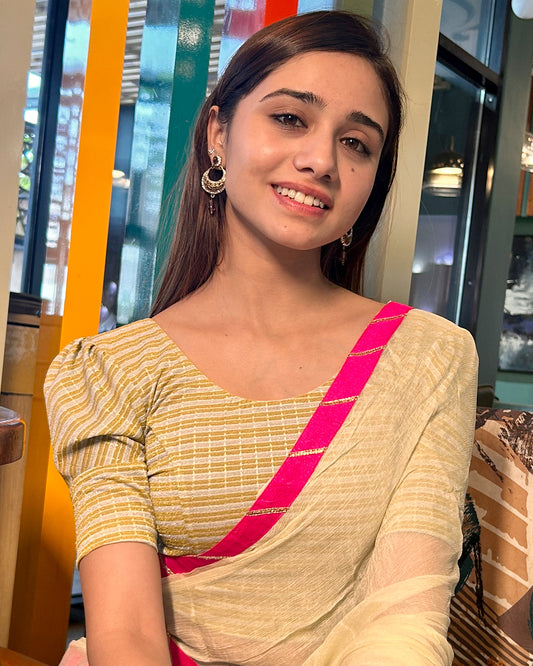 Model pairing the zari double-stripe stretchable blouse with a traditional saree, demonstrating a complete ethnic look.