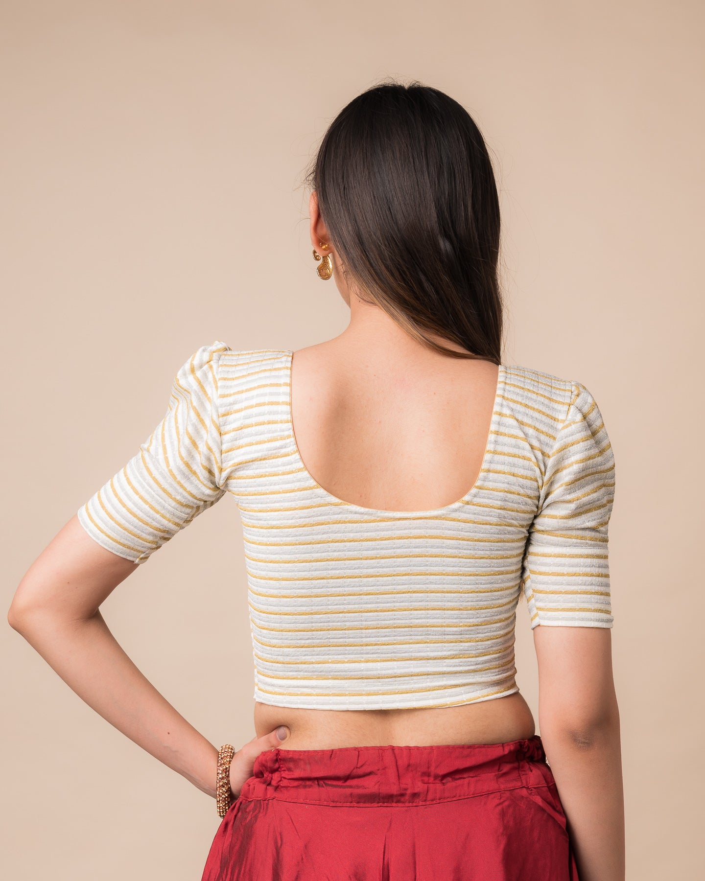 Rear view of the zari single-stripe stretchable blouse showcasing the back design.
