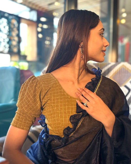 Model pairing the zari double-stripe stretchable blouse with a traditional saree, demonstrating a complete ethnic look.