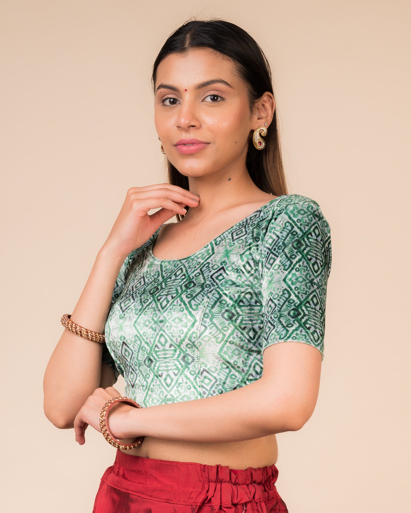 Arkha Velvet Print Classic Round Neck Blouse Stretchable Slip On Blouse