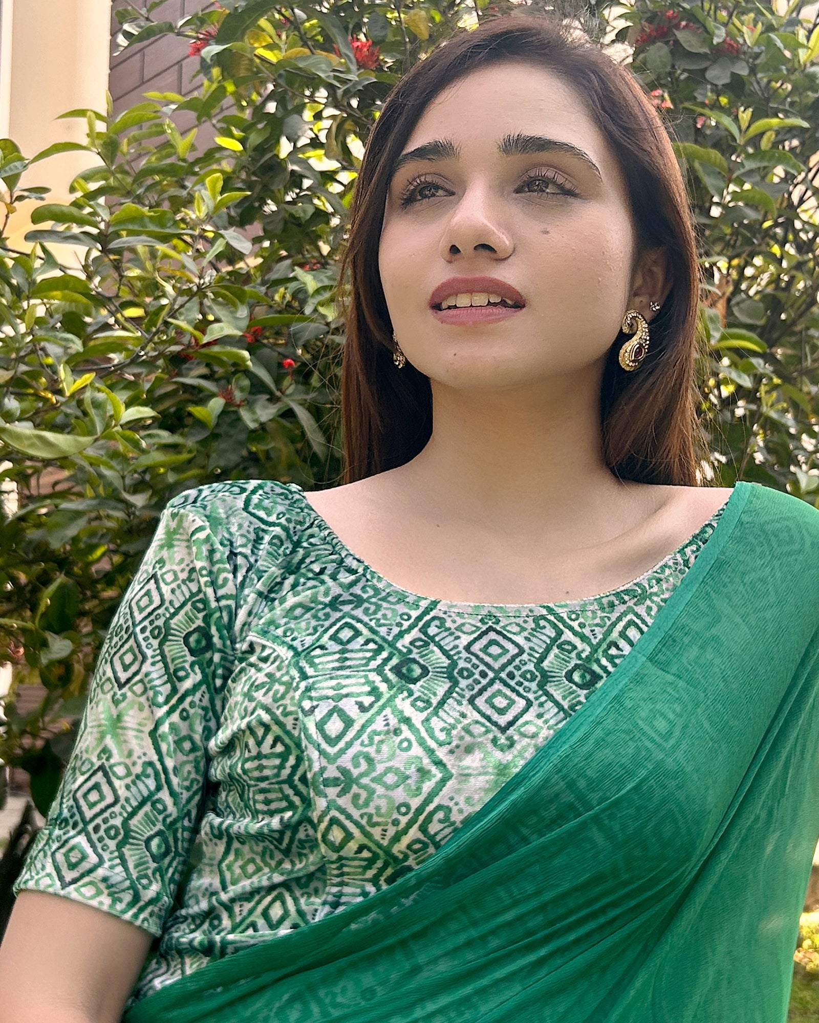 Model pairing the velvet stretchable blouse with a traditional saree, demonstrating a complete ethnic look.