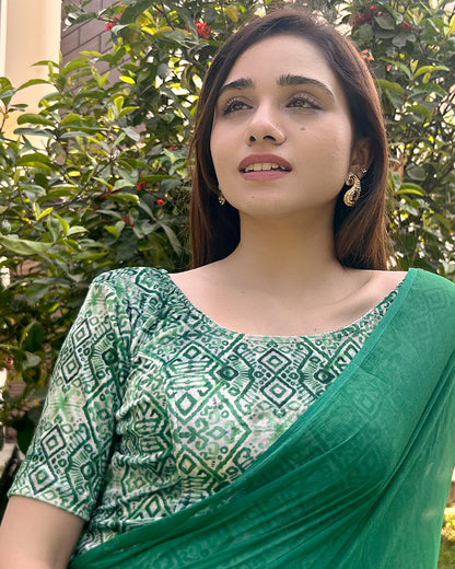 Model pairing the velvet stretchable blouse with a traditional saree, demonstrating a complete ethnic look.
