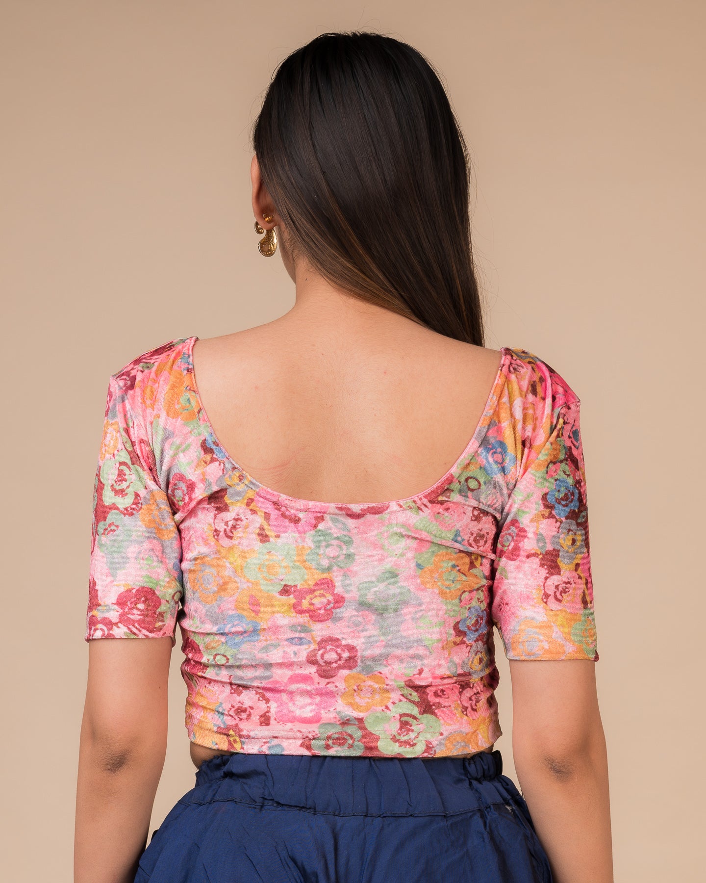 Arkha Velvet Print Classic Round Neck Blouse Stretchable Slip On Blouse