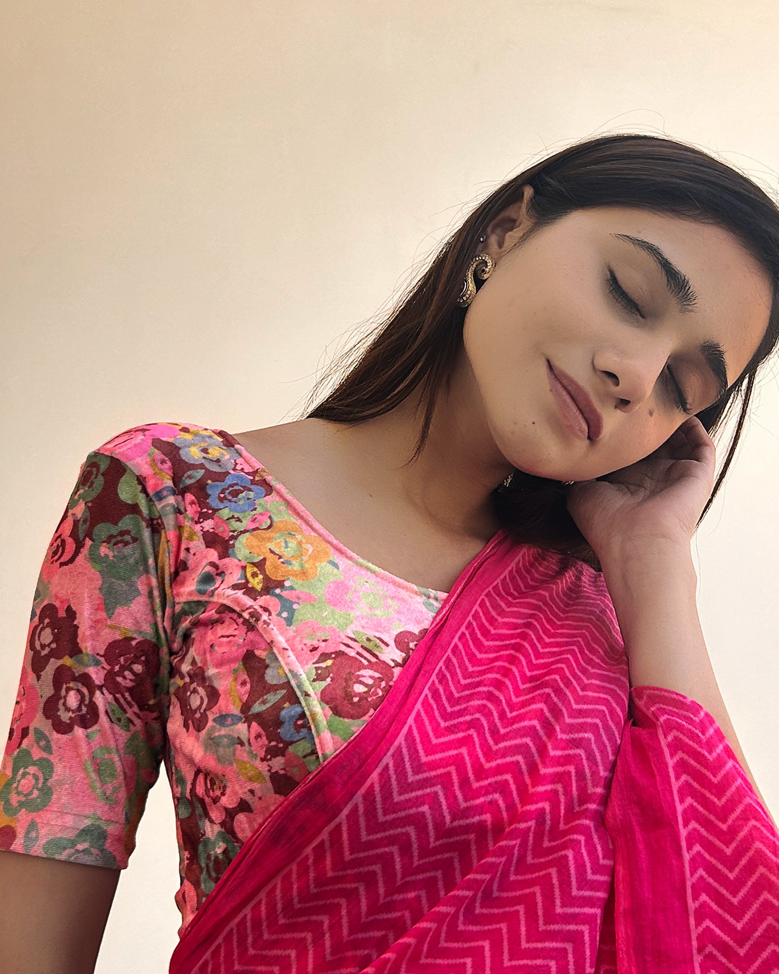 Model pairing the floral velvet stretchable blouse with a traditional saree, demonstrating a complete ethnic look.
