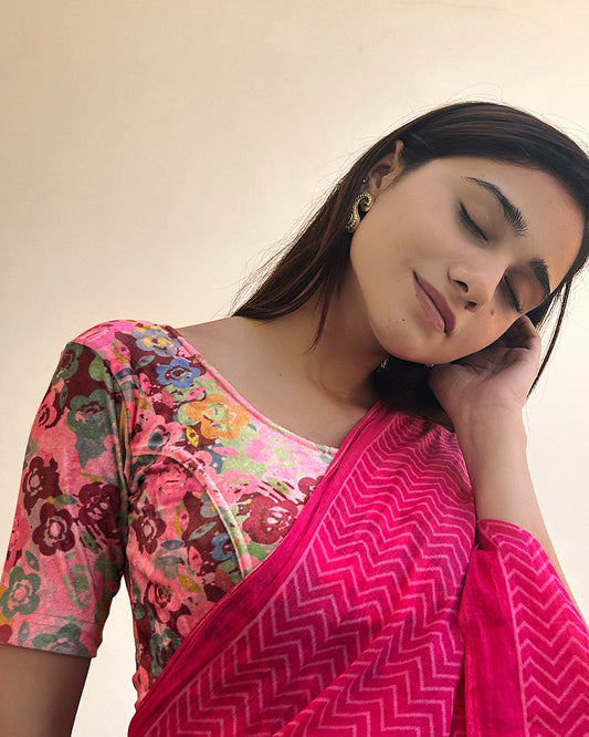 Model pairing the floral velvet stretchable blouse with a traditional saree, demonstrating a complete ethnic look.