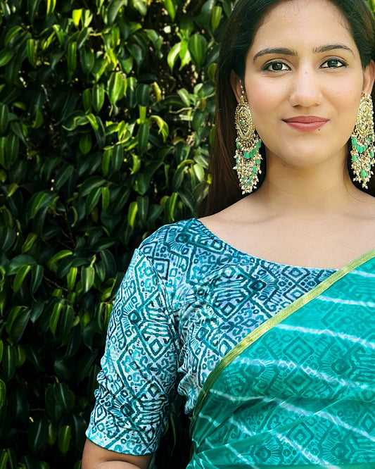Model pairing the velvet stretchable blouse with a traditional saree, demonstrating a complete ethnic look.